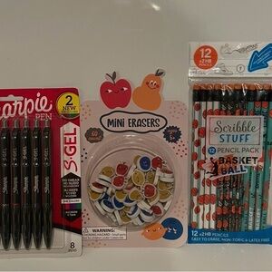 S-Gel Black Pens and Scribble Stuff Basketball Pencils Set with Mini Erasers